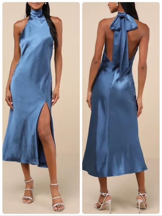 Lulus Dresses & Skirts - Lulus Exceptional Status Satin Halter Backless Blue Slip Midi Dress Sz Small NWT